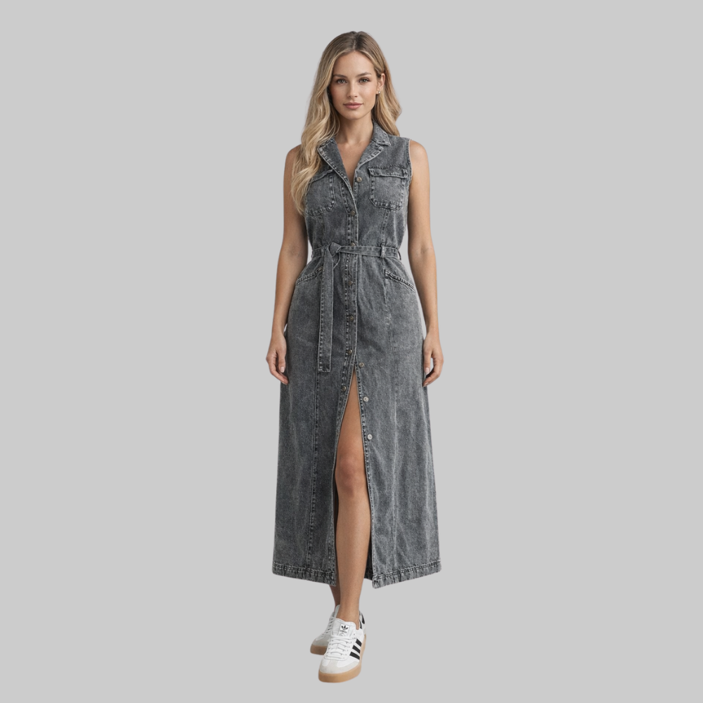 Rosalie Vestido Mujer Denim – Vestido de verano sin mangas con botones casual chic
