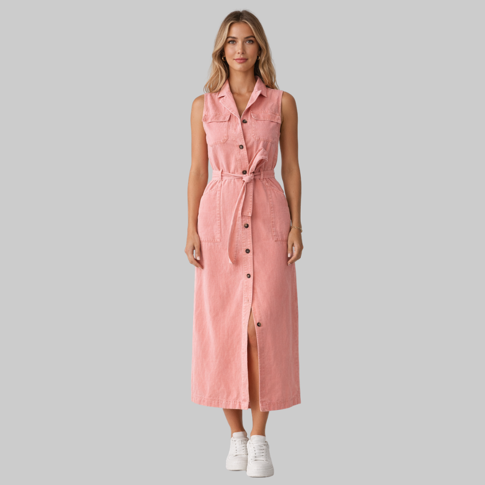 Rosalie Vestido Mujer Denim – Vestido de verano sin mangas con botones casual chic
