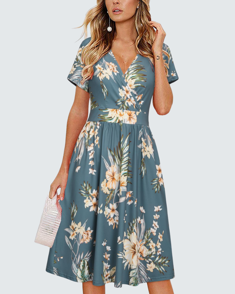 Ruby Abito a Portafoglio Donna – Vestito Midi con Scollo a V, Maniche Corte e Tasche