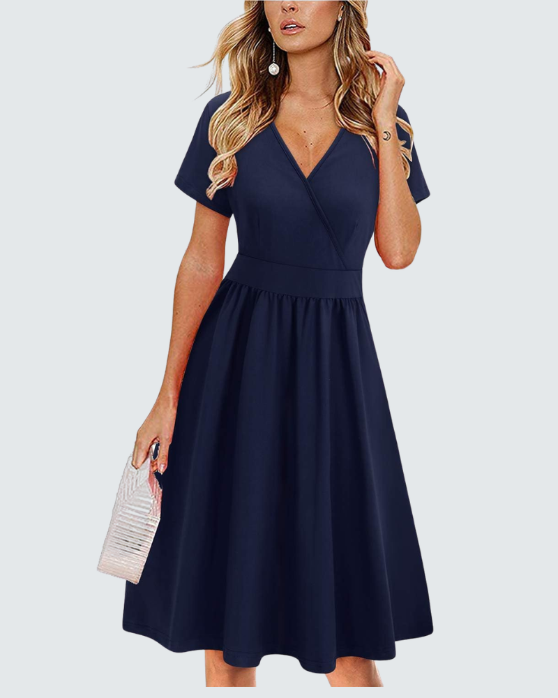 Ruby Robe portefeuille femme – Robe midi avec décolleté en V, manches courtes et poches