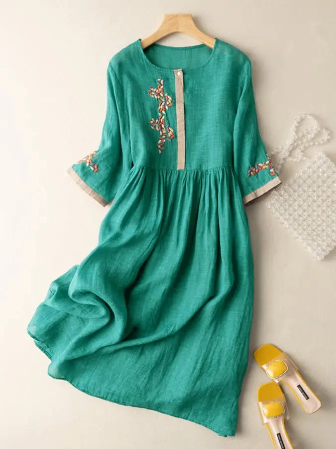 Elisa Vestido Mujer Bordado – Vestido de Algodón y Lino Elegante, Diseño Tradicional Chic
