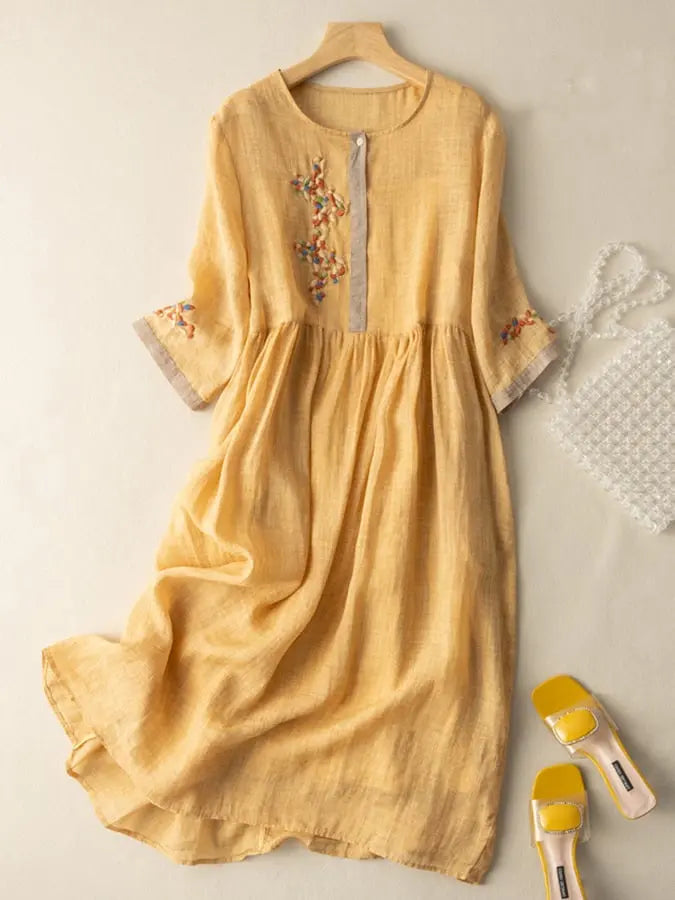 Elisa Vestido Mujer Bordado – Vestido de Algodón y Lino Elegante, Diseño Tradicional Chic