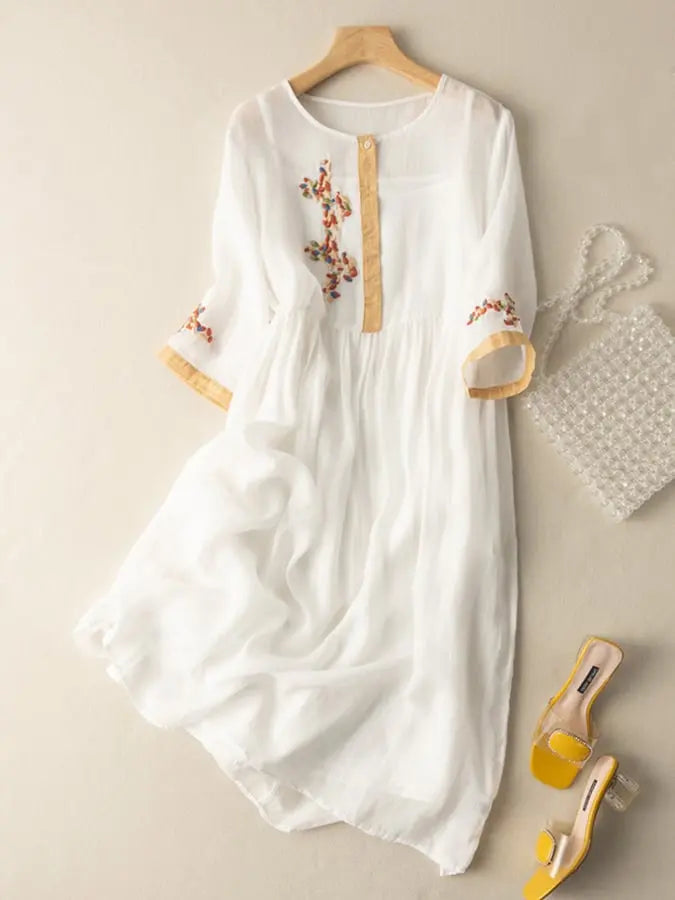 Elisa Vestido Mujer Bordado – Vestido de Algodón y Lino Elegante, Diseño Tradicional Chic