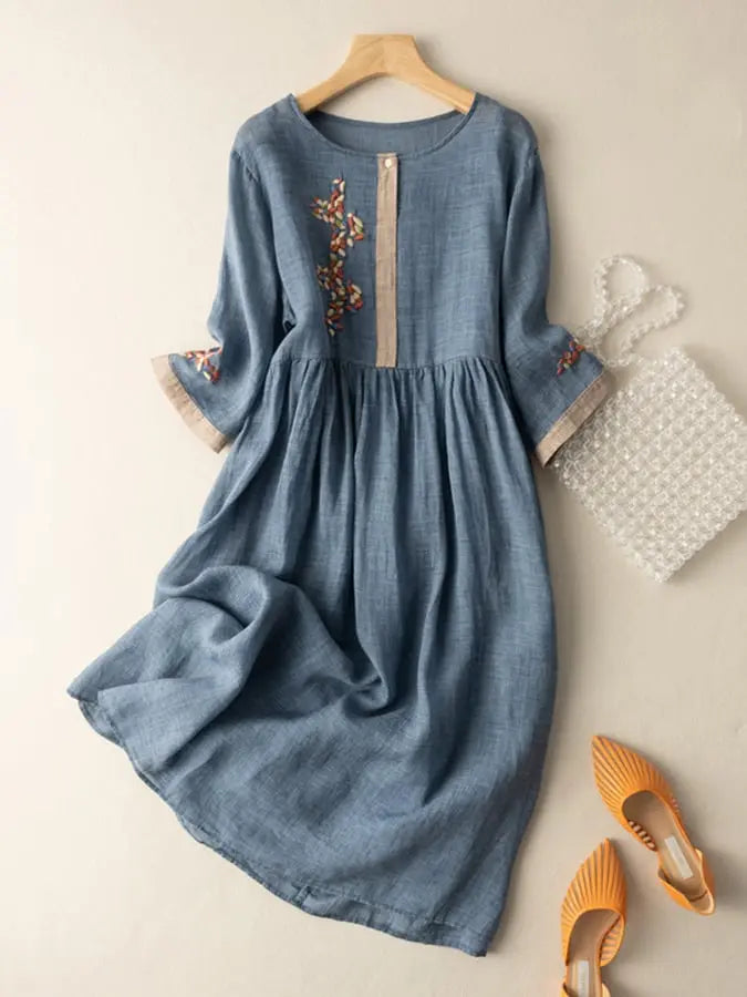 Elisa Robe Femme Brodée – Robe Coton Lin Élégante, Design Traditionnel Chic