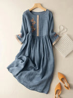 Elisa Robe Femme Brodée – Robe Coton Lin Élégante, Design Traditionnel Chic
