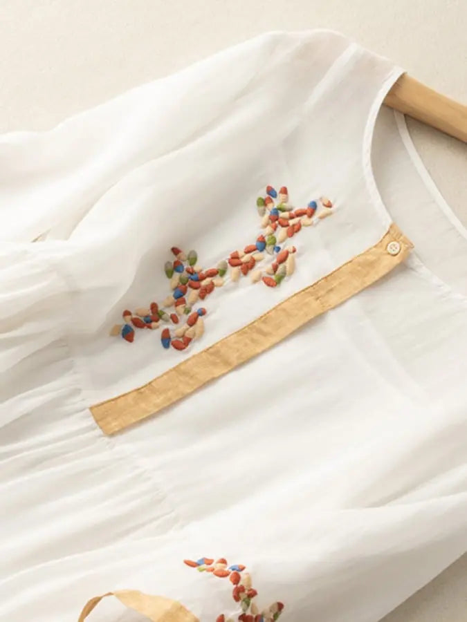 Elisa Robe Femme Brodée – Robe Coton Lin Élégante, Design Traditionnel Chic