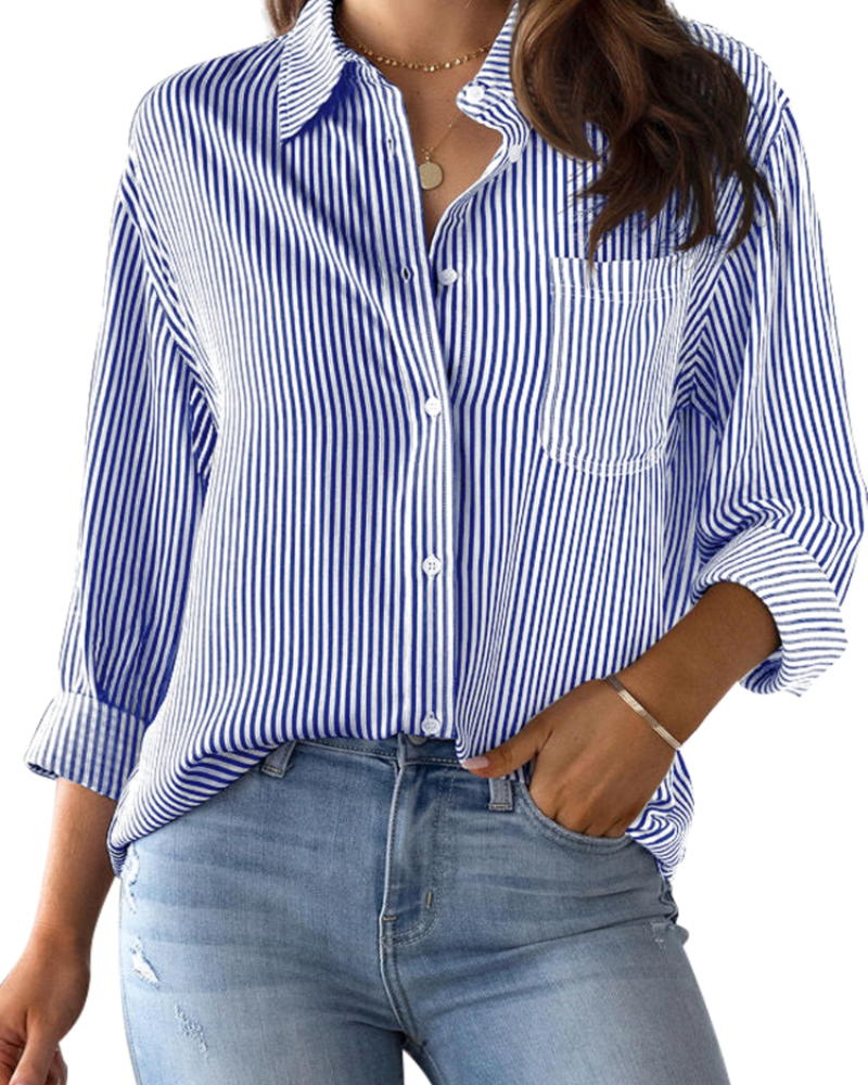 Camisa de mujer Chloe a rayas – Botones, mangas largas, bolsillo y antiarrugas
