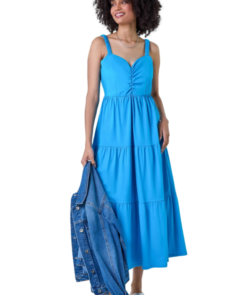 Lucy Abito Donna – Vestido midi de algodón con tirantes, escote en V y falda con volantes