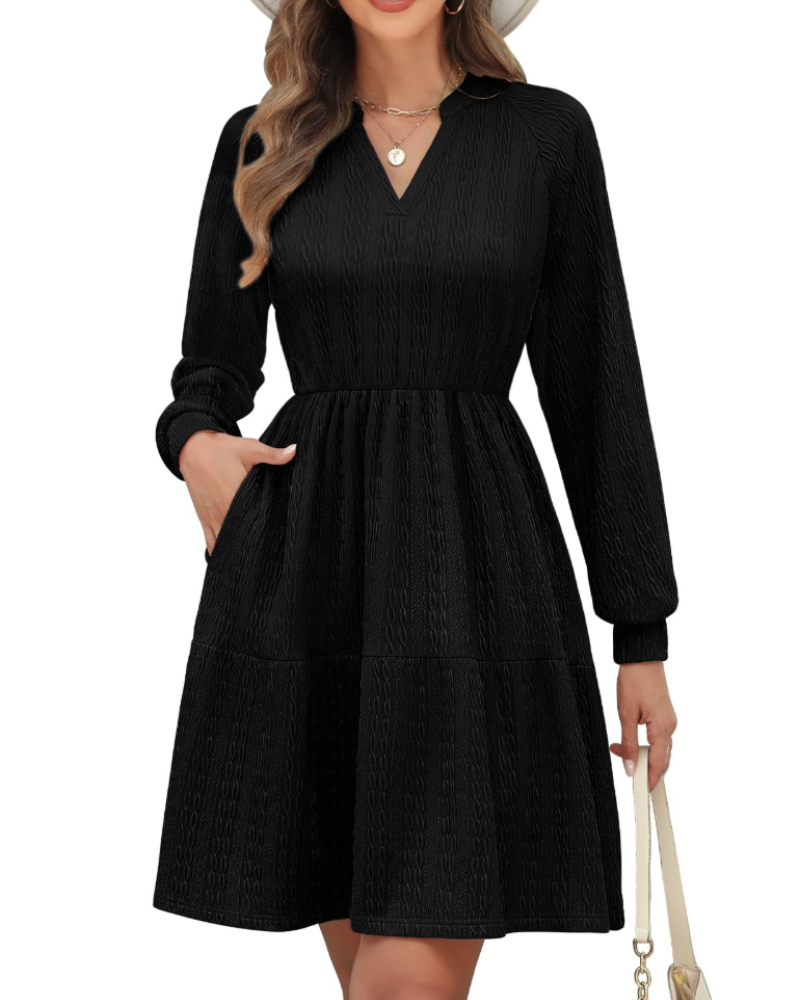 Hazel Vestido de Mujer – Vestido Midi en Línea A con Escote en V, Bolsillos y Cintura Elástica