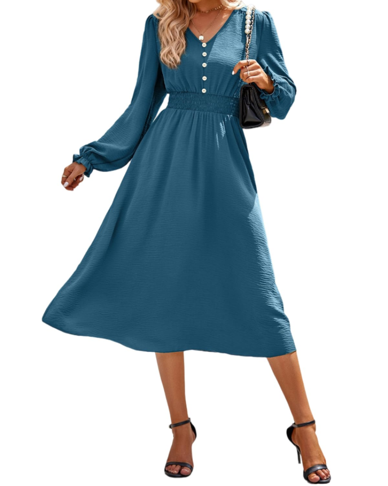 Lily Vestido de Mujer – Vestido Midi con Escote en V, Cintura Elástica y Mangas Largas