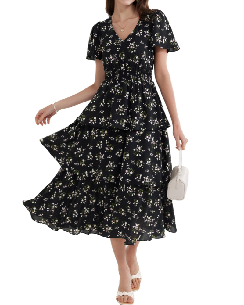 Scarlett Abito Donna – Vestito Floreale A-Line con Scollo a V, Vita Elasticizzata & Maniche Corte