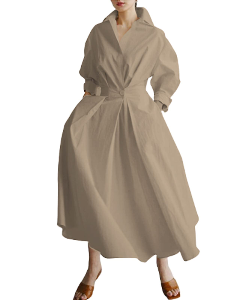 Penelope Robe Femme – Maxi Chemisier avec Boutons, Col, Poches et Taille Élastiquée
