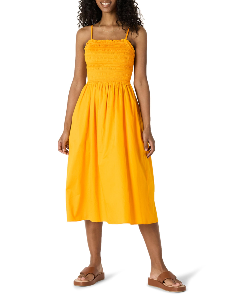 Grace Abito Mujer – Vestido Midi de Algodón Sateen con Cuerpo Fruncido y Tirantes Ajustables