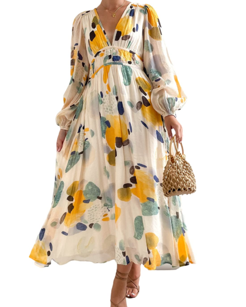 Hannah Abito Mujer – Vestido Maxi Floral con Mangas Largas, Cintura Elástica y Forro