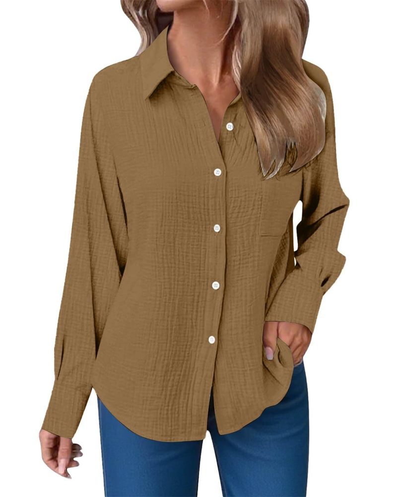 Blusa Hannah Donna – Camisa de Muselina de Algodón con Escote en V, Botones y Bolsillo
