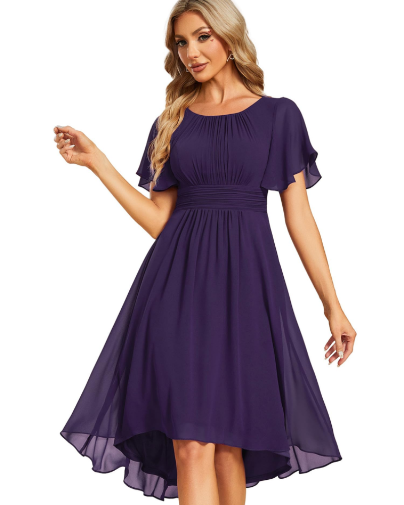 Claire Abito Elegante Donna – Vestido Midi de Chifón en línea A con mangas cortas y escote redondo