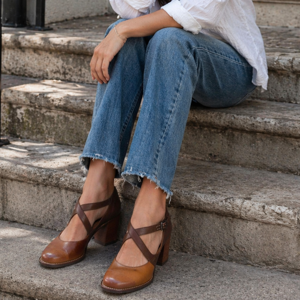 Roselyn Sandales Femme en Cuir – Talon Bas Élégant, Confortables, Estivales, Chic Décontracté