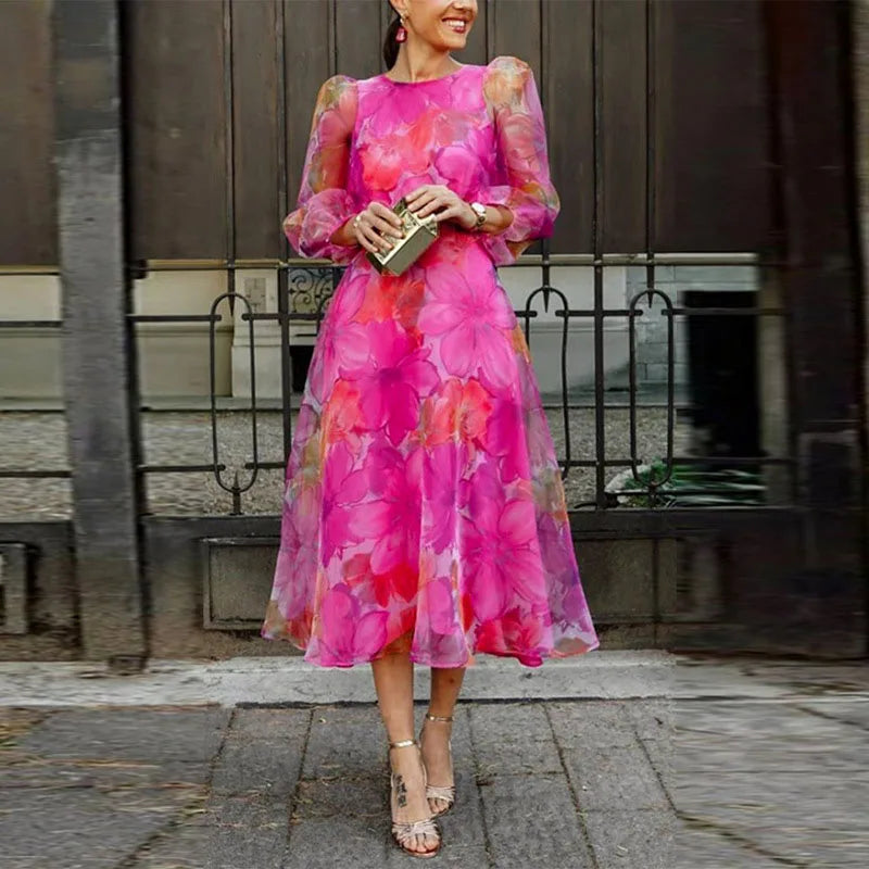 Sophia Robe Femme Élégante – Robe Longue Florale Manches Longues, Cérémonie Chic