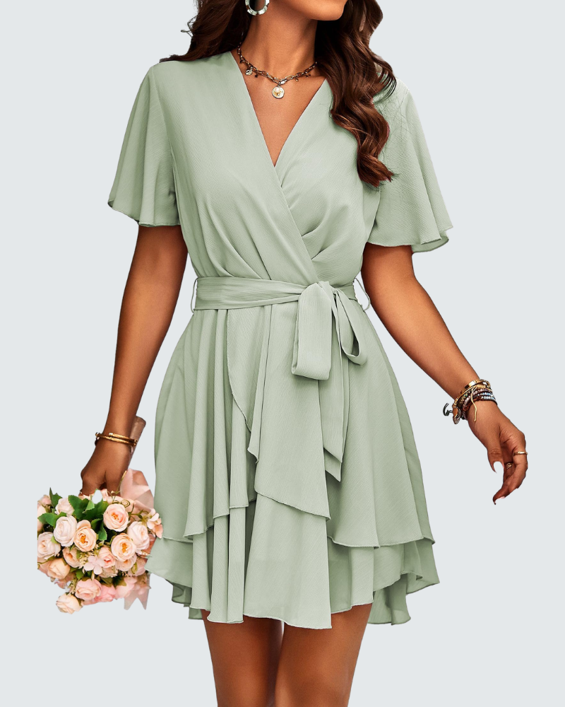 Scarlett Abito Chiffon Donna – Vestito Corto con Scollo a V, Volant e Cintura