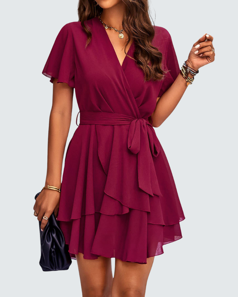 Scarlett Abito Chiffon Donna – Vestito Corto con Scollo a V, Volant e Cintura