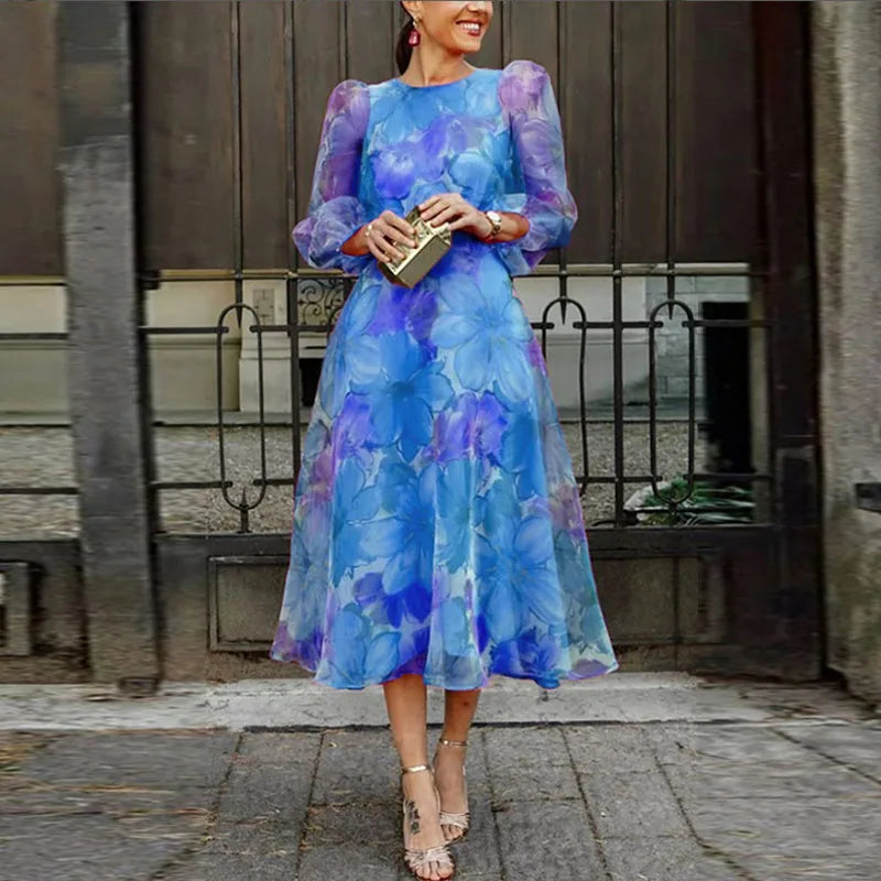 Sophia Vestido Mujer Elegante – Vestido Largo Floral Mangas Largas, Ceremonia Chic