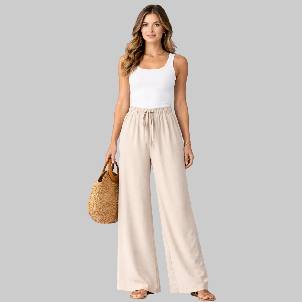 Selena Pantalones Mujer Wide Leg Elegantes – Pantalones fluidos con cordón falso