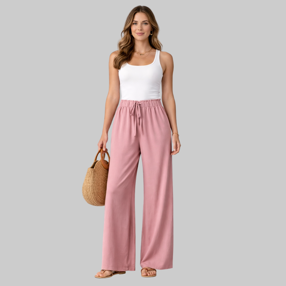 Selena Pantalones Mujer Wide Leg Elegantes – Pantalones fluidos con cordón falso
