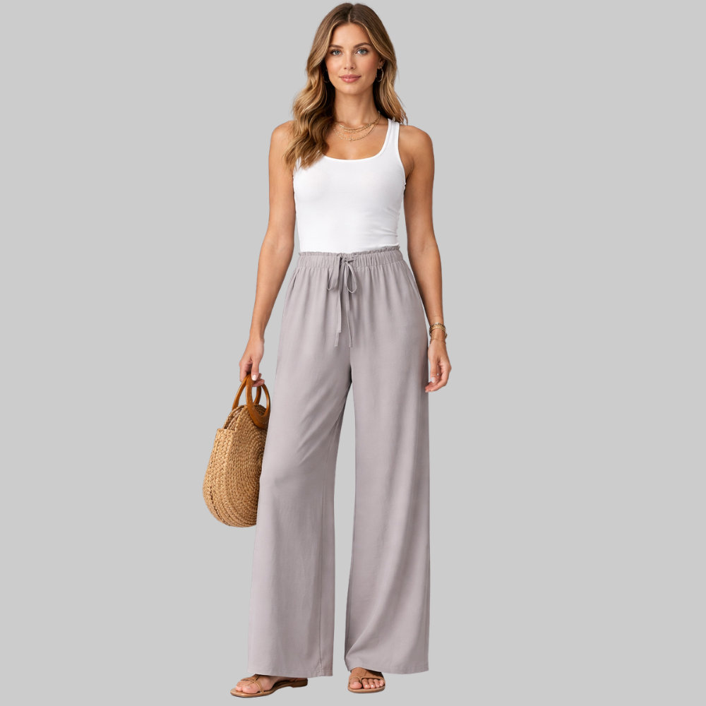 Selena Pantalones Mujer Wide Leg Elegantes – Pantalones fluidos con cordón falso