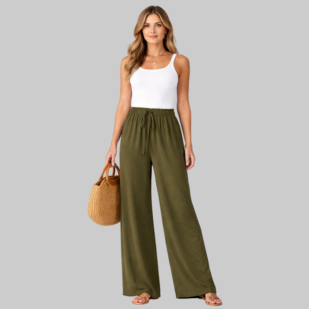 Selena Pantalones Mujer Wide Leg Elegantes – Pantalones fluidos con cordón falso