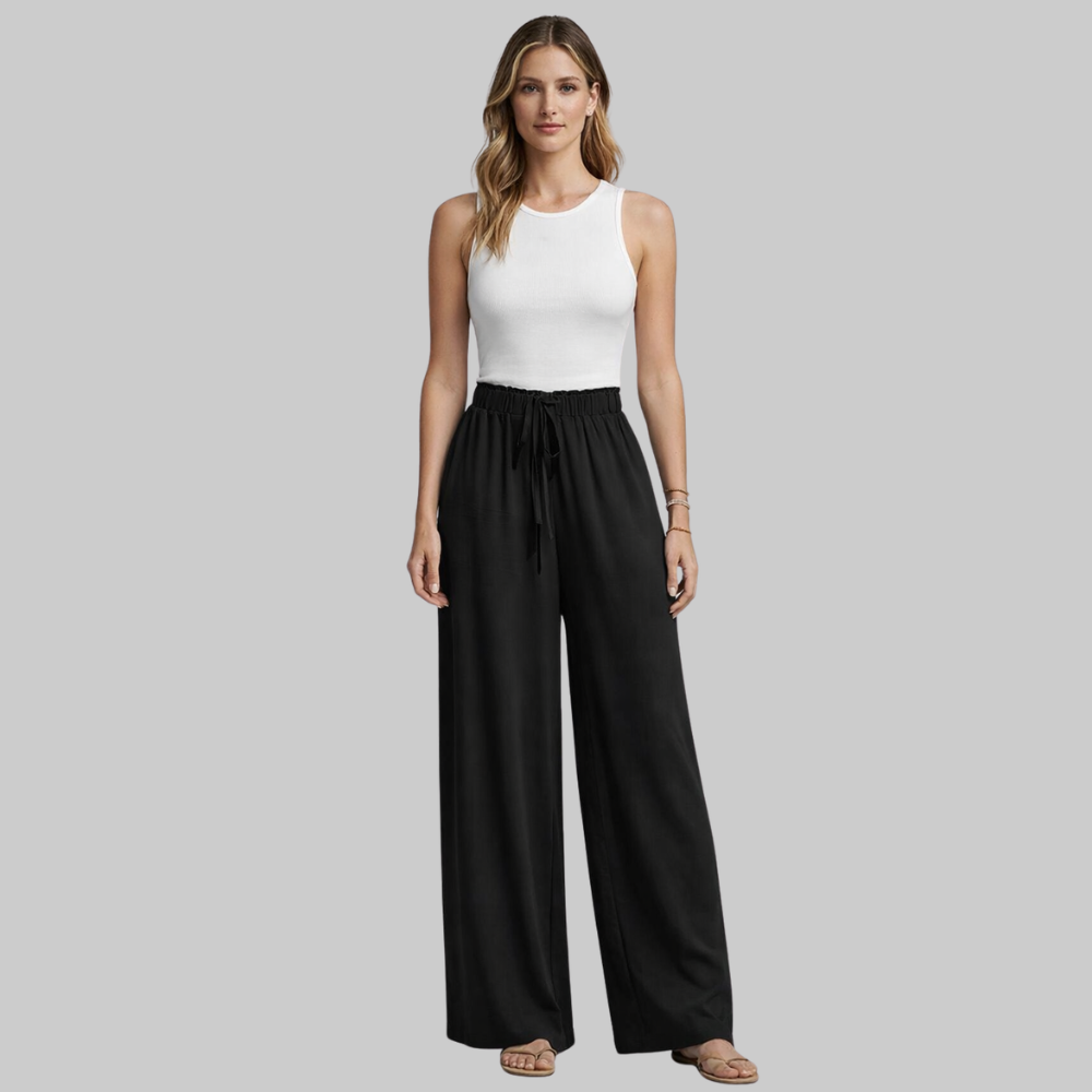 Selena Pantalon Femme Large Élégant – Pantalon Fluide avec Cordon Factice