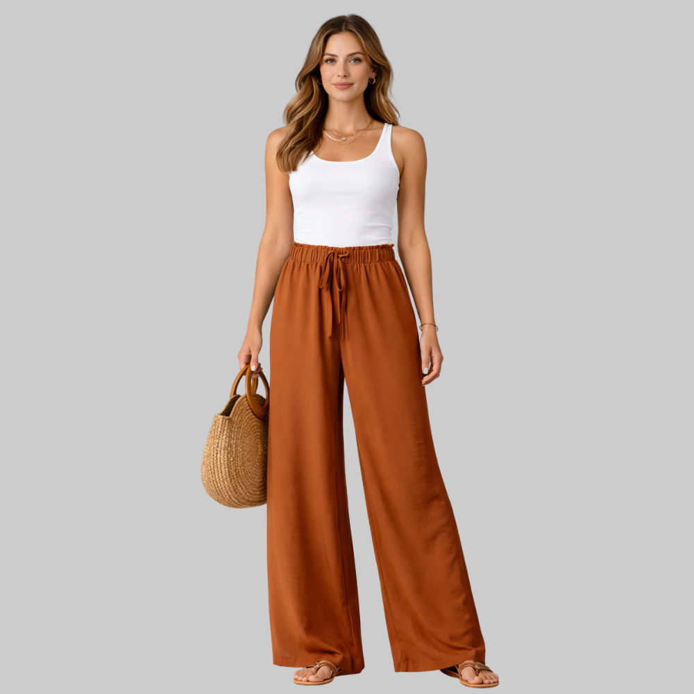 Selena Pantalones Mujer Wide Leg Elegantes – Pantalones fluidos con cordón falso