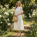 Bianca Robe Femme Midi Brodée – Col Montant, Ligne A Élégante avec Dentelle