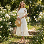Bianca Robe Femme Midi Brodée – Col Montant, Ligne A Élégante avec Dentelle