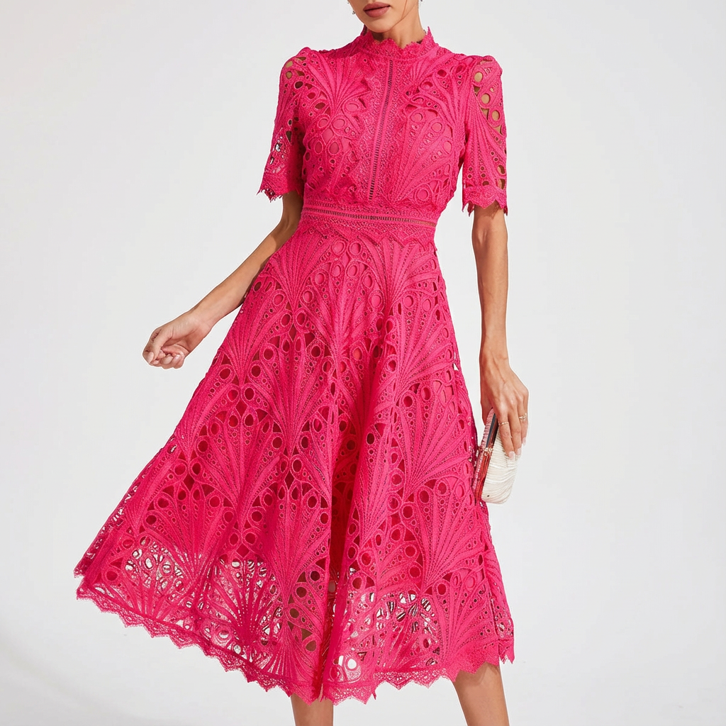 Bianca Vestido Midi Bordado para Mujer – Cuello Alto, Línea A Elegante con Encaje