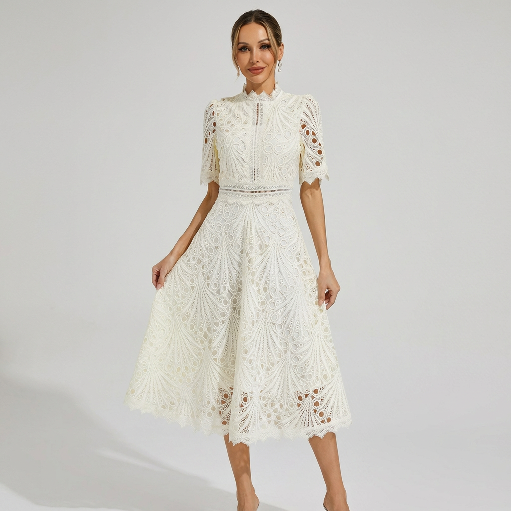 Bianca Robe Femme Midi Brodée – Col Montant, Ligne A Élégante avec Dentelle
