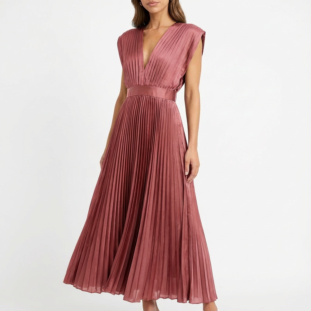 Vestido Midi Plisado para Mujer Alessia – Escote en V, Cintura Definida, Elegante y Fluido