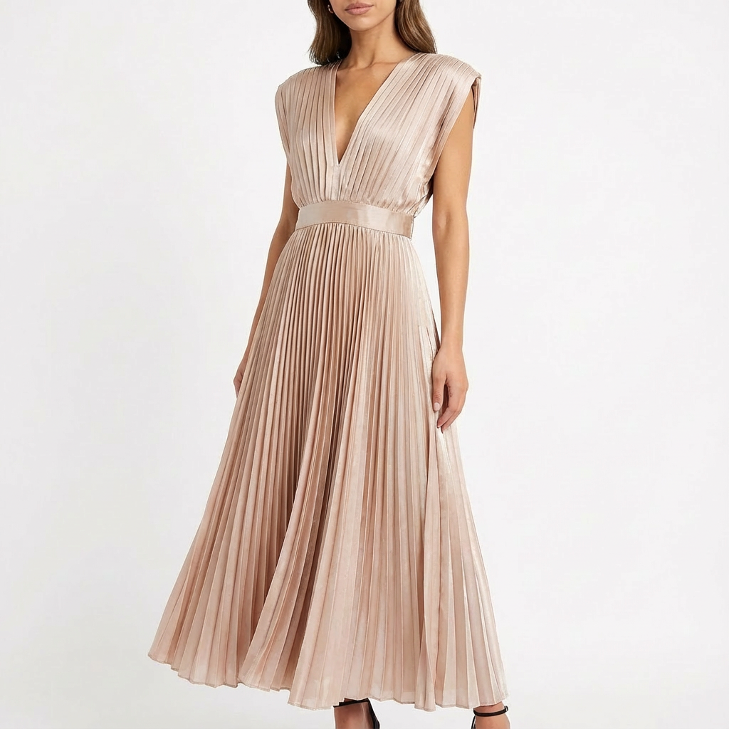 Vestido Midi Plisado para Mujer Alessia – Escote en V, Cintura Definida, Elegante y Fluido