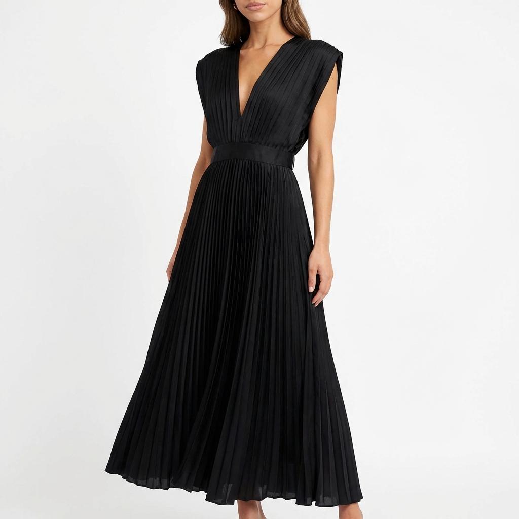 Vestido Midi Plisado para Mujer Alessia – Escote en V, Cintura Definida, Elegante y Fluido