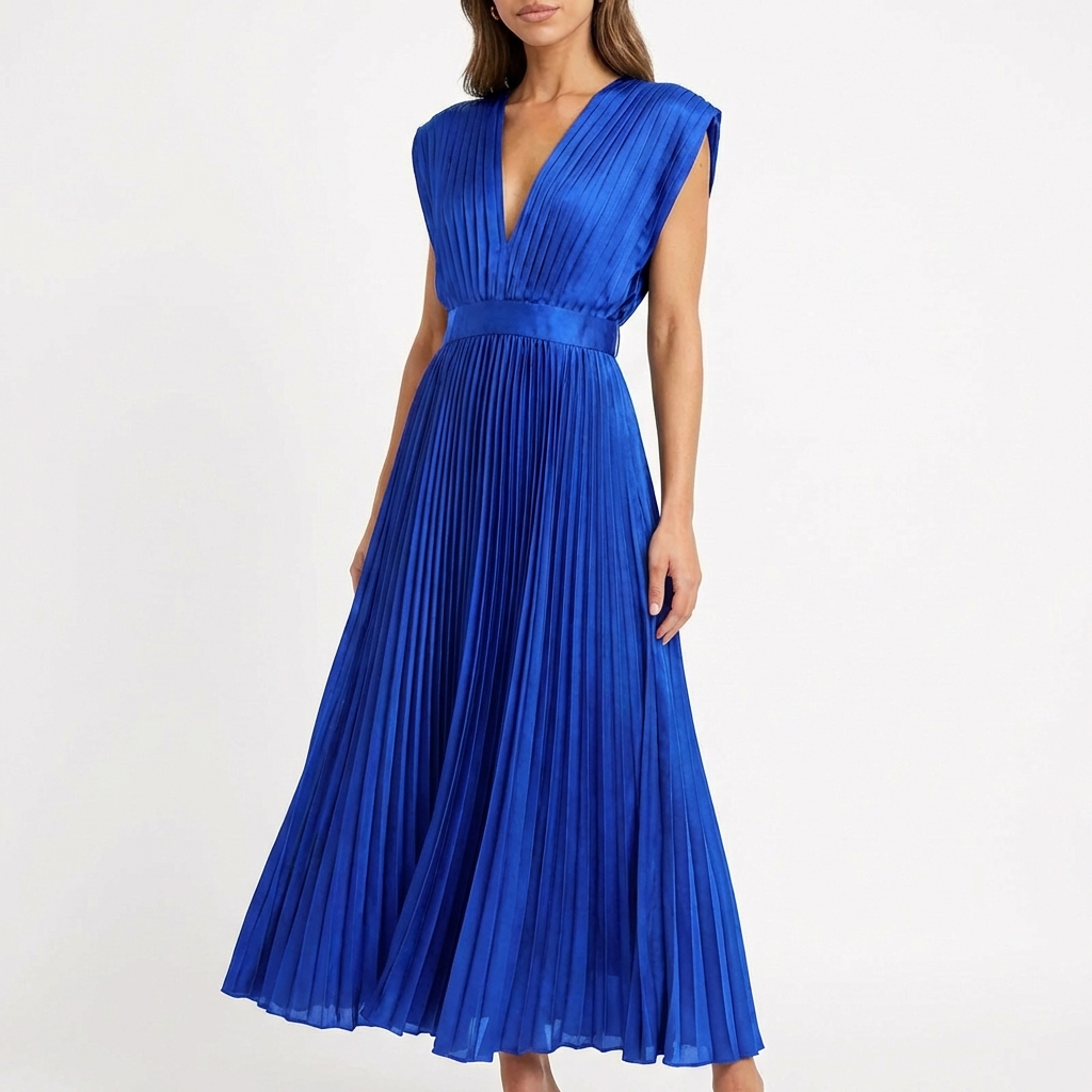 Vestido Midi Plisado para Mujer Alessia – Escote en V, Cintura Definida, Elegante y Fluido