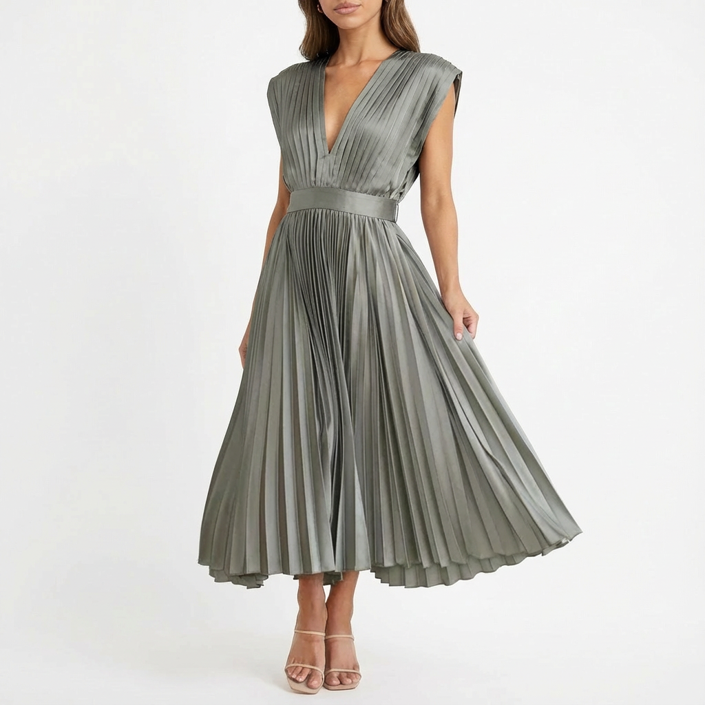 Vestido Midi Plisado para Mujer Alessia – Escote en V, Cintura Definida, Elegante y Fluido