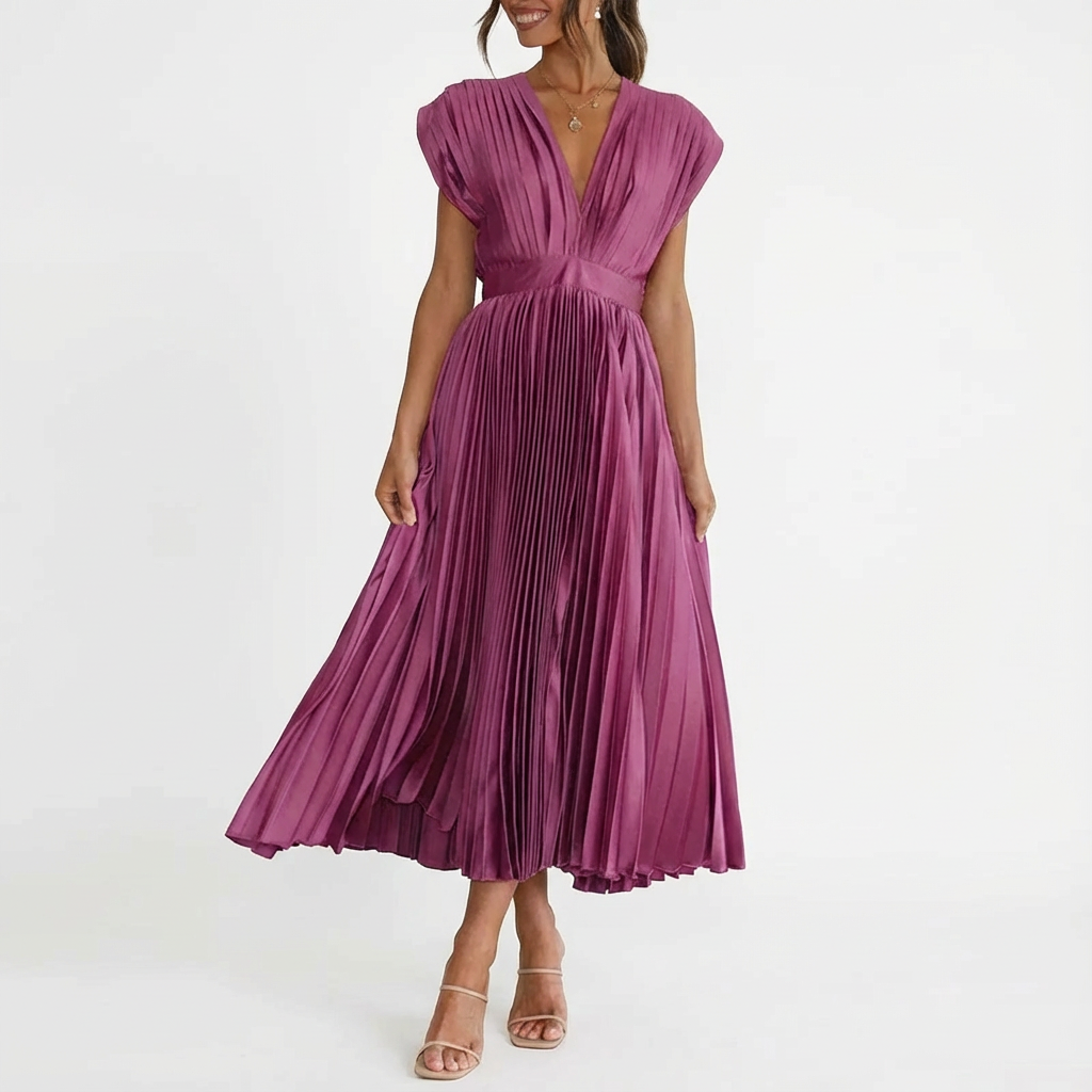 Vestido Midi Plisado para Mujer Alessia – Escote en V, Cintura Definida, Elegante y Fluido