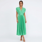 Alessia Robe Femme Midi Plissée – Col V, Taille Marquée Élégante Fluide