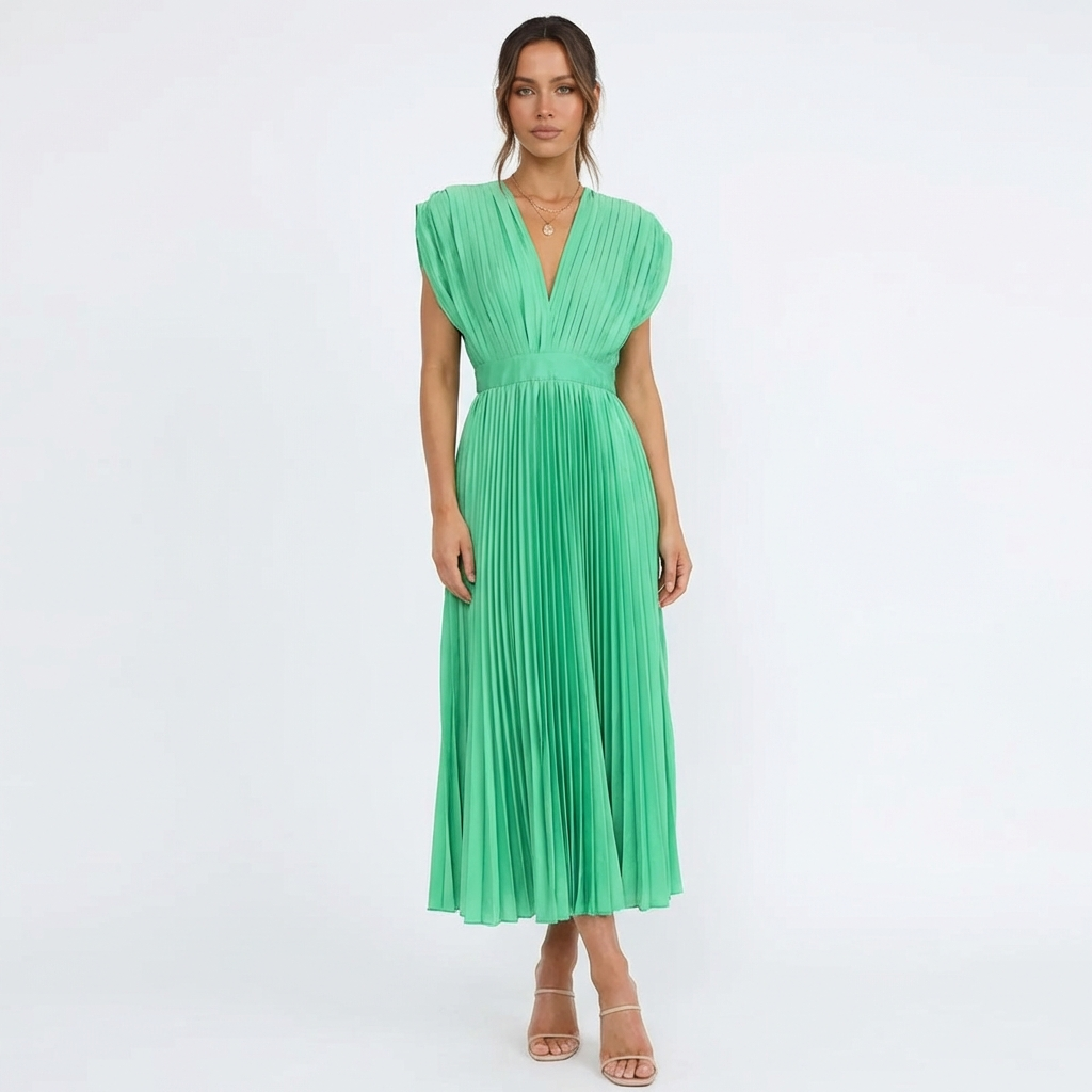 Vestido Midi Plisado para Mujer Alessia – Escote en V, Cintura Definida, Elegante y Fluido