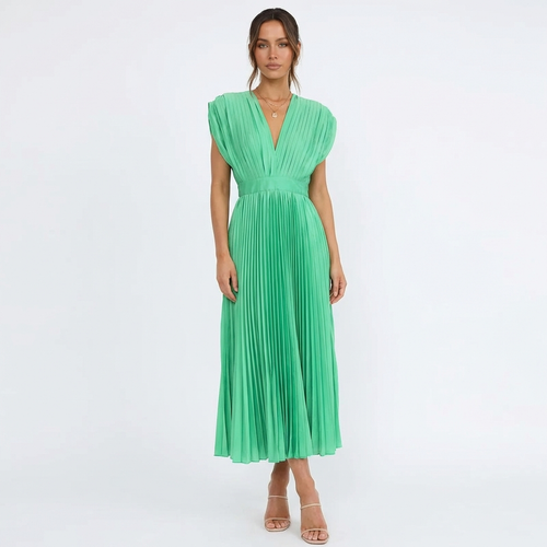 Vestido Midi Plisado para Mujer Alessia – Escote en V, Cintura Definida, Elegante y Fluido