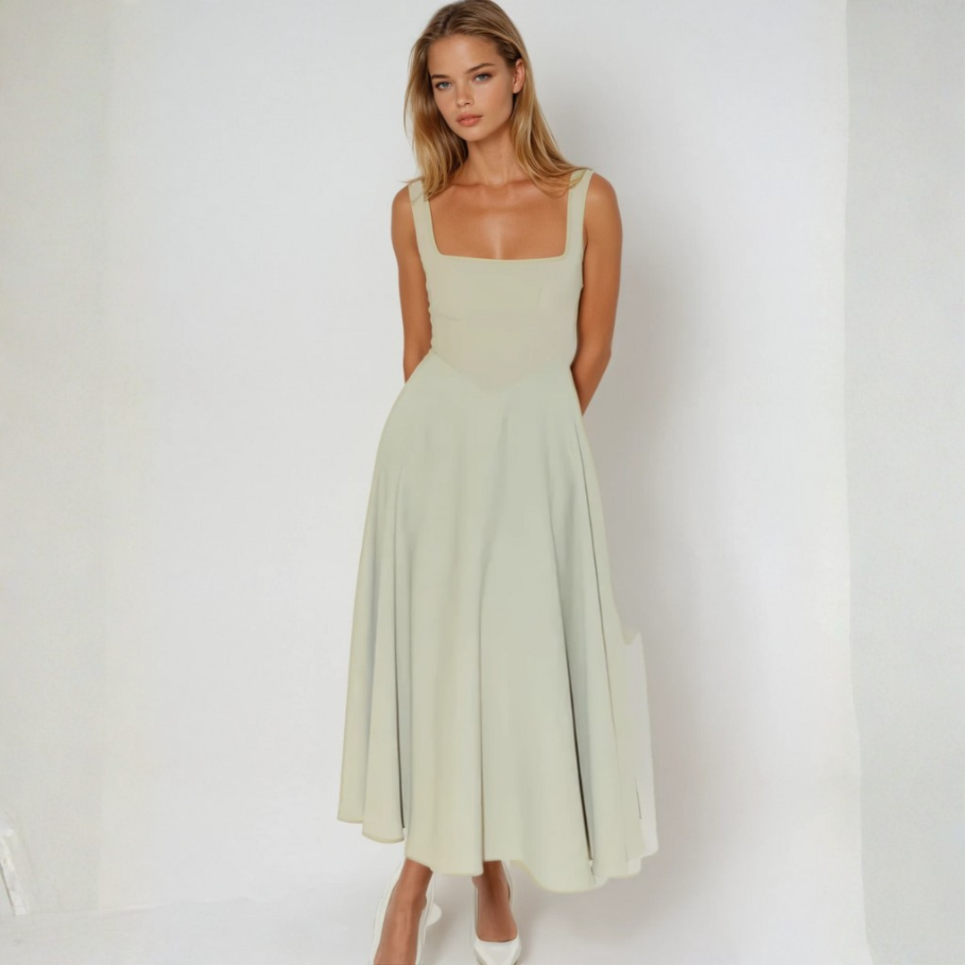 Driana Robe Femme Midi – Robe Col Carré, Légère, Élégante Décontractée d'Été