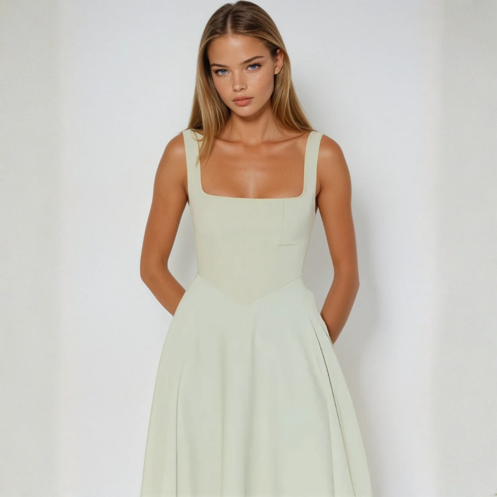 Driana Robe Femme Midi – Robe Col Carré, Légère, Élégante Décontractée d'Été