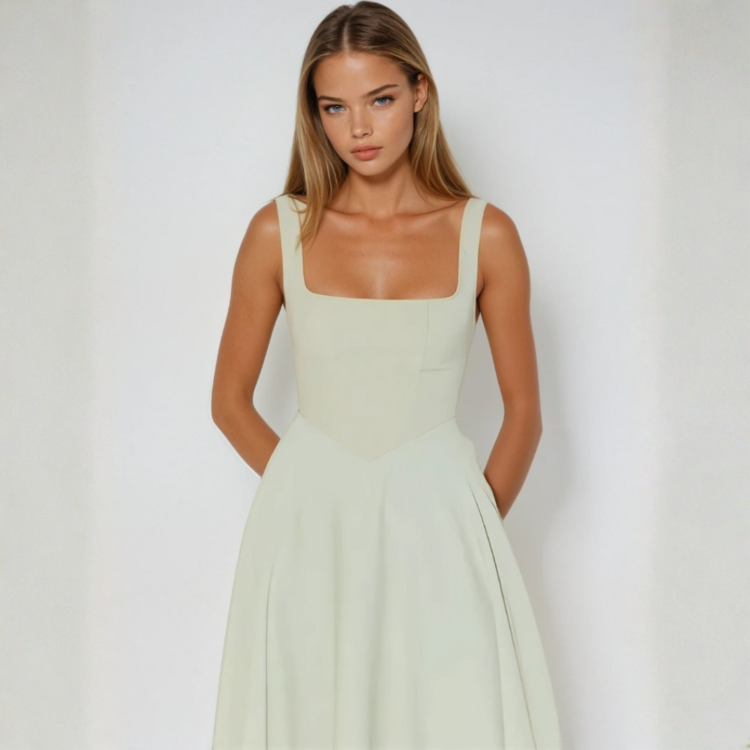 Driana Robe Femme Midi – Robe Col Carré, Légère, Élégante Décontractée d'Été