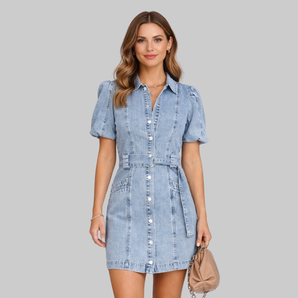 Sopia Robe Femme Denim Taille Haute – Robe avec Lacets et Boutons Casual Chic