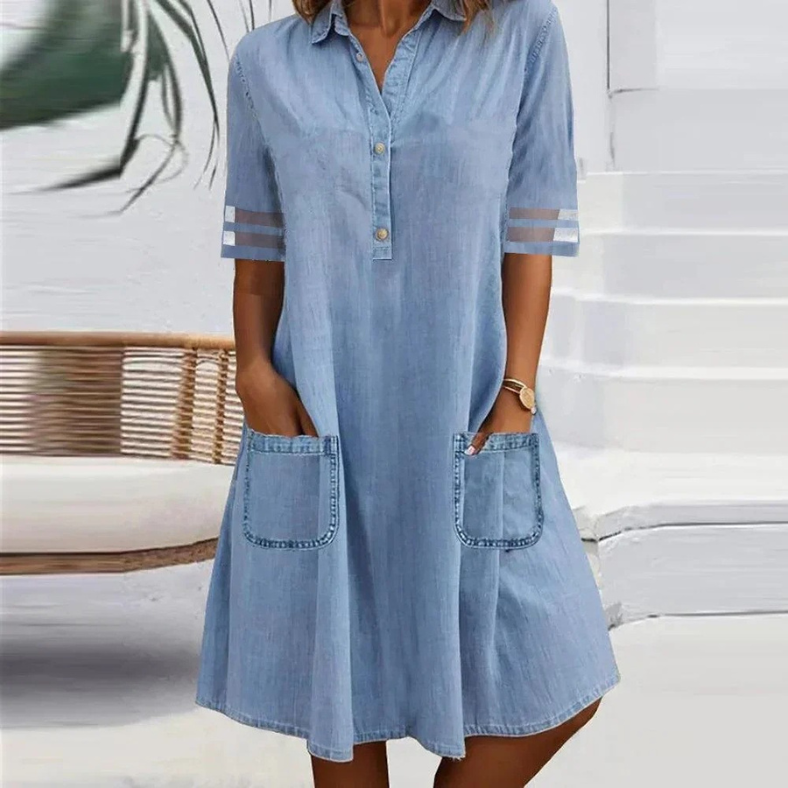 Starla Robe en Denim Femme – Col V, Boutons & Poches Style Chic Décontracté