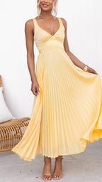 Halo Robe Maxi Femme – Plissé Jaune, Col V & Élégance Estivale